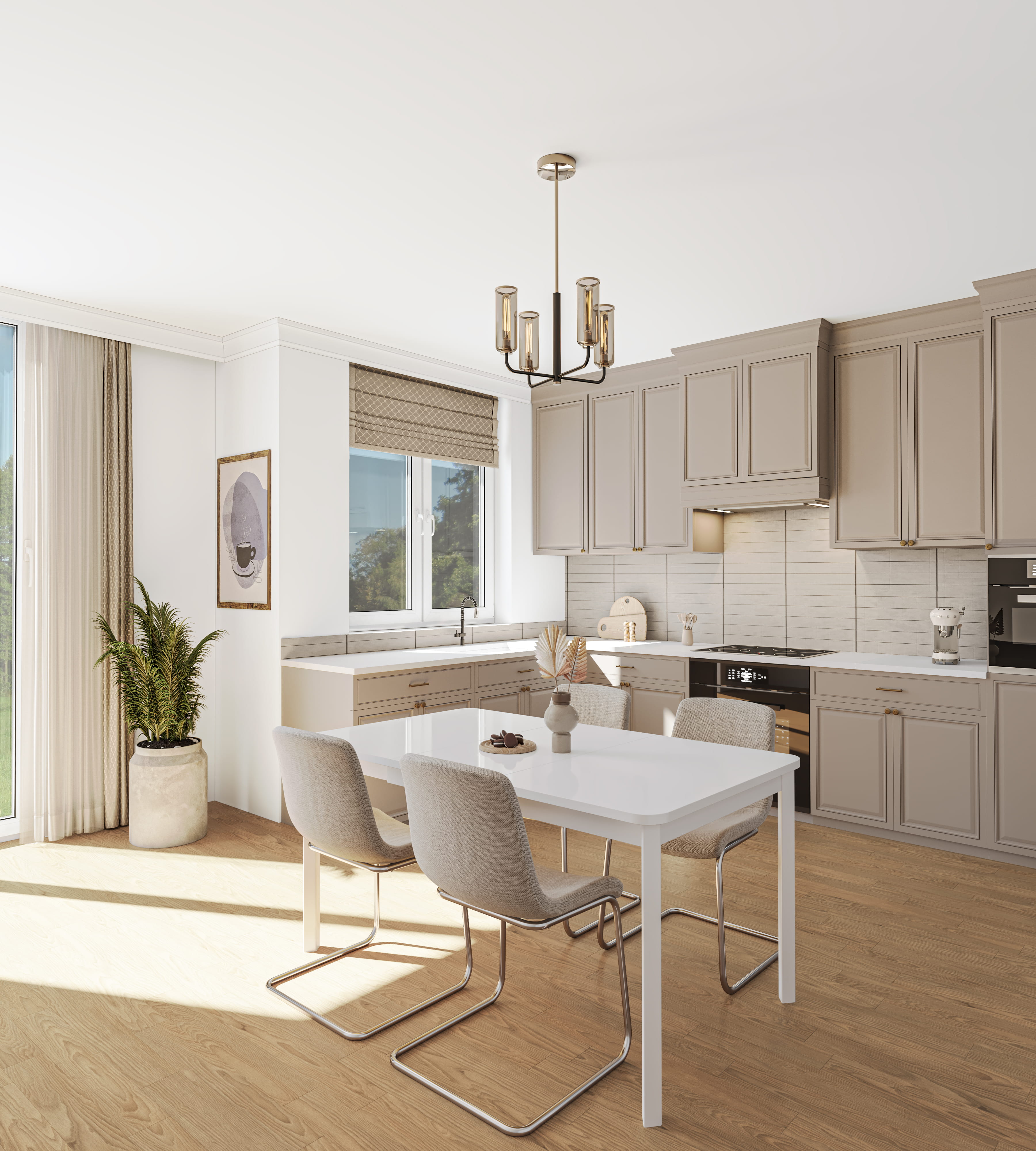 Virtuelles Home Staging einer hellen, offenen Küche mit Essbereich. Das Digital Home Staging zeigt ein Raumkonzept im Einrichtungsstil klassisch mit eleganten beigen Kassettenfronten, einem weißen Esstisch, hellen Freischwinger-Stühlen, einer klassischen Pendelleuchte und warmem Holzboden.
